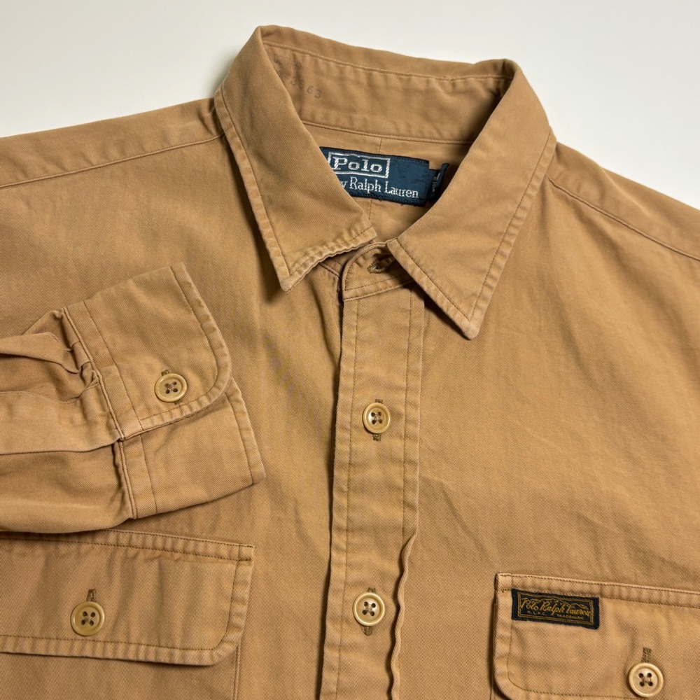 Polo Ralph Lauren Utility Work Shirt Vintage Mens L Khaki Twill Button Down Tan
